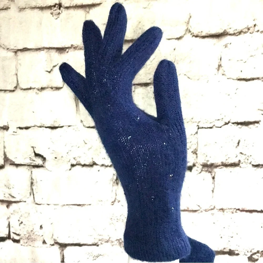 NWT Embellished Navy Blue Knit Gloves One size 1 Pair NEW WITH TAGS